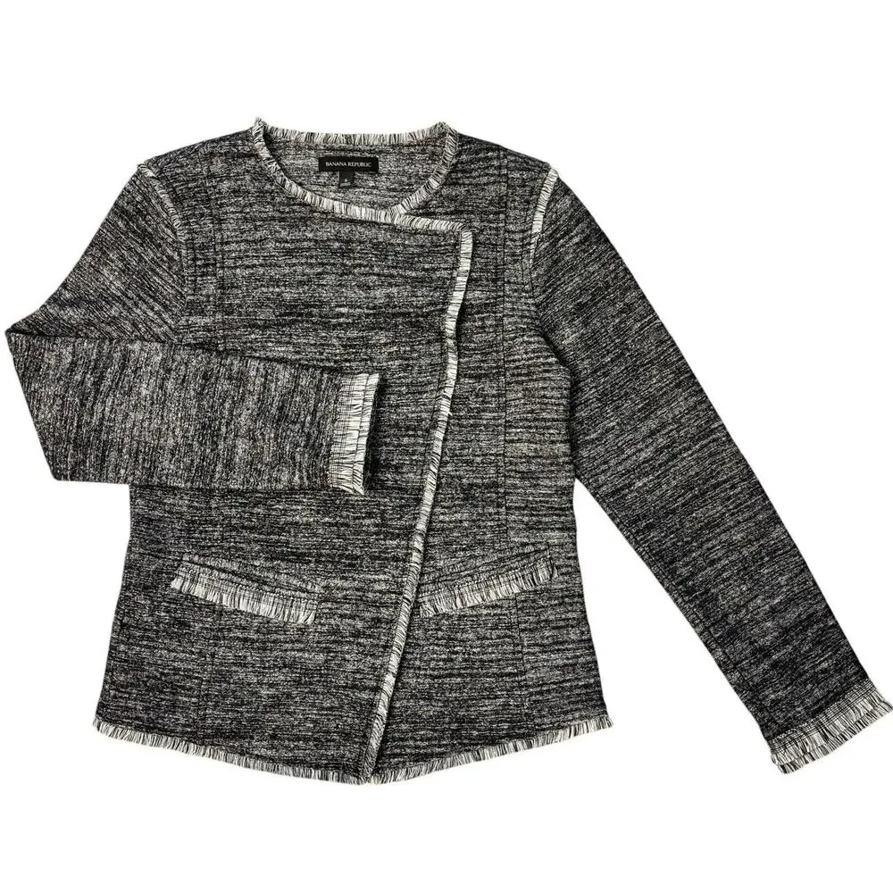 BANANA REPUBLIC Small Asymmetrical‎ Black Gray Tweed Jacket Fringe Career Casual